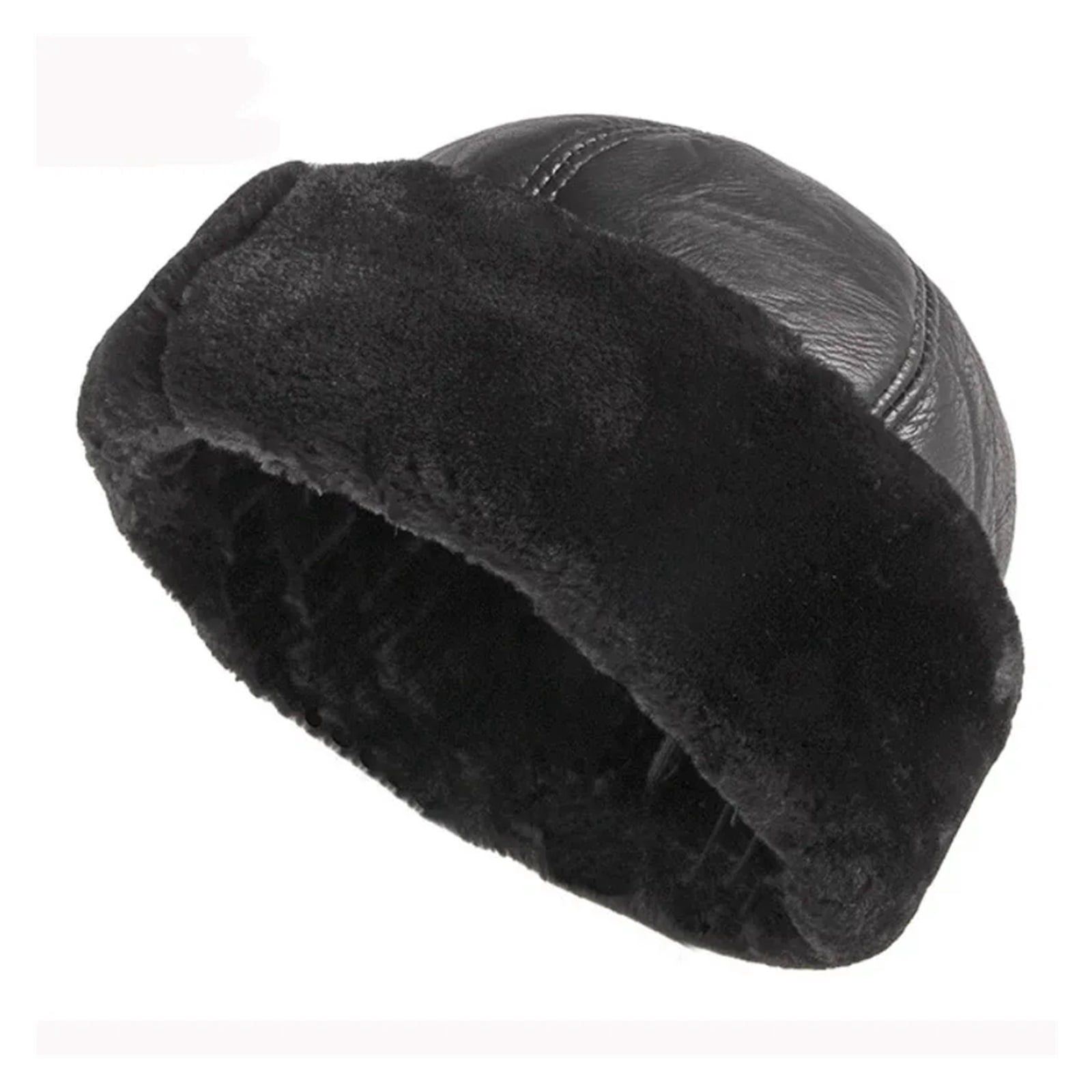Thick Outdoor Warm Winter Hat Men Black Fur Leather Male Windproof Snow Ski Cap Fleece Lined ,Classic Vintage