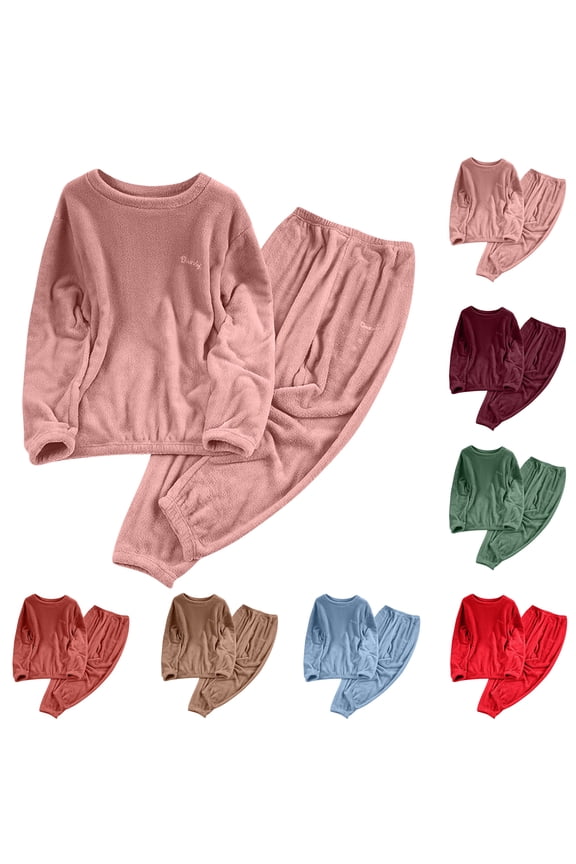 Pajama Set for Women Loose Solid And Winter Underwear Loungewar Thick And Velvet Warm Velvet Long Sleeves Top Pants Pajama Sets