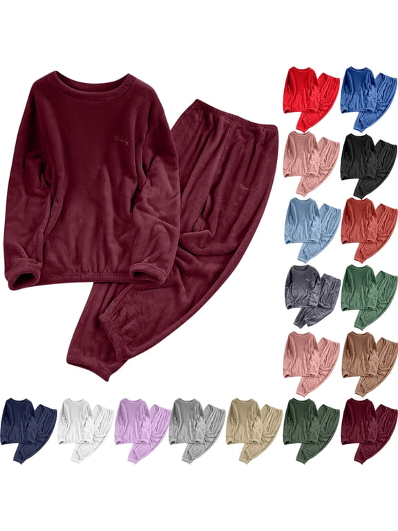 Pajama Set for Women Loose Solid And Winter Underwear Loungewar Thick And Velvet Warm Velvet Long Sleeves Top Pants Pajama Sets