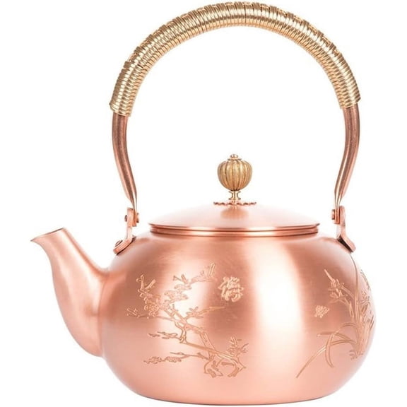 Thick Pure Copper Kettle with Gold Handle 1.2L (40oz), Pure Copper Tea Pot, Kung Fu Kettle, Boiling Kettle, Japanese Style Copper Pot