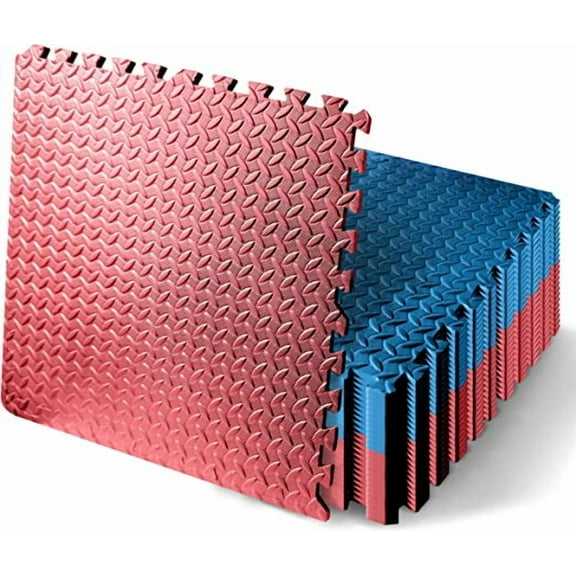 Thick Puzzle Exercise Mat, 25 Pcs EVA Foam Interlocking Tiles Protective Flooring for Gym Equipment and Cushion for Workouts, Durable Non-Skid Texture, Easy to Assemble, Red and Blue