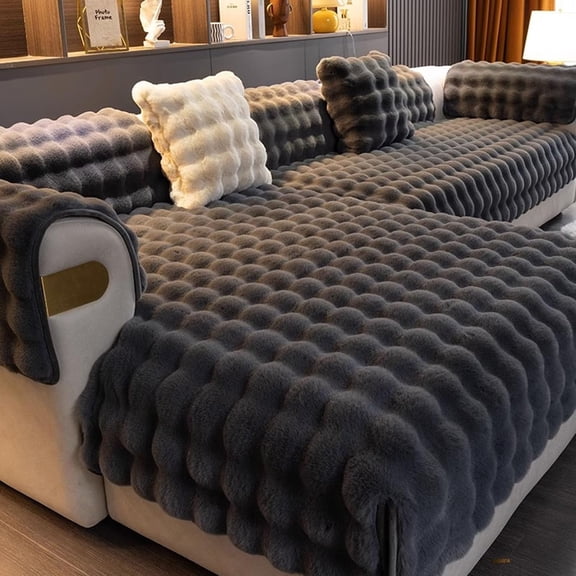 Thick Rabbit Plush Sofa Covers,Non Slip Faux Fur Sofa Cover for L Shape Sectional Sofa Slipcover,Funny Fuzzy Sofa Cover, Furniture Protector for Kids, Pets (Brown,30 * 50cm/11.7 * 19.5in)