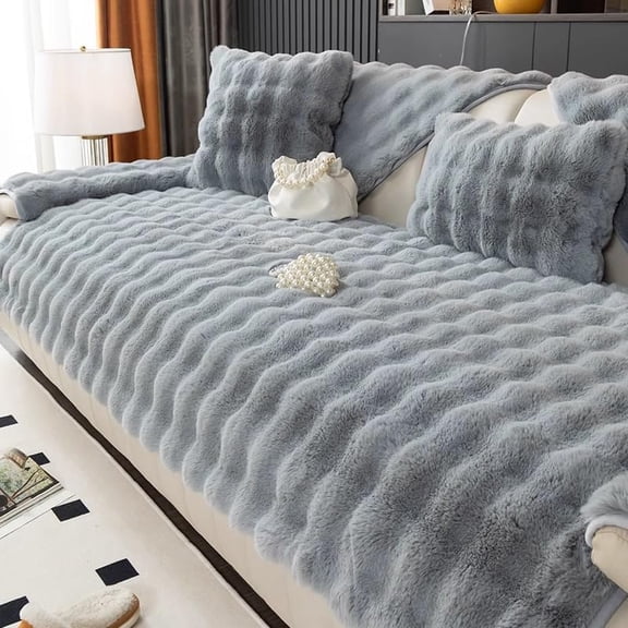 Thick Rabbit Plush Sofa Covers,Non Slip Faux Fur Sofa Cover for Living Room, Furniture Protector Fluffy Slipcovers for L Shape Sectional Sofa Slipcover