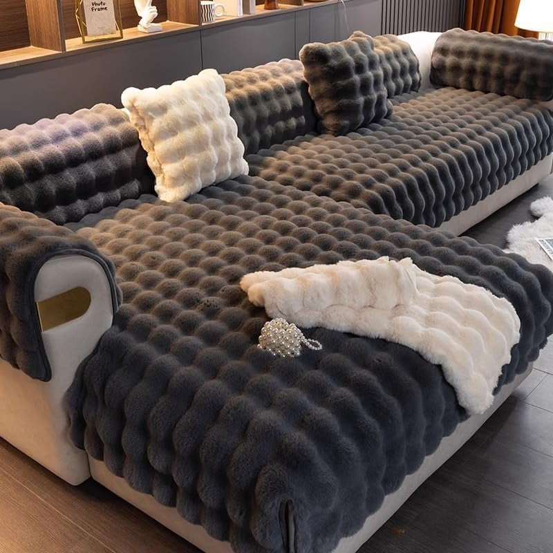 Thick Rabbit Plush Sofa Covers,Non Slip Faux Fur Sofa Cover for Living Room, Furniture Protector Fluffy Slipcovers for L Shape Sectional Sofa Slipcover