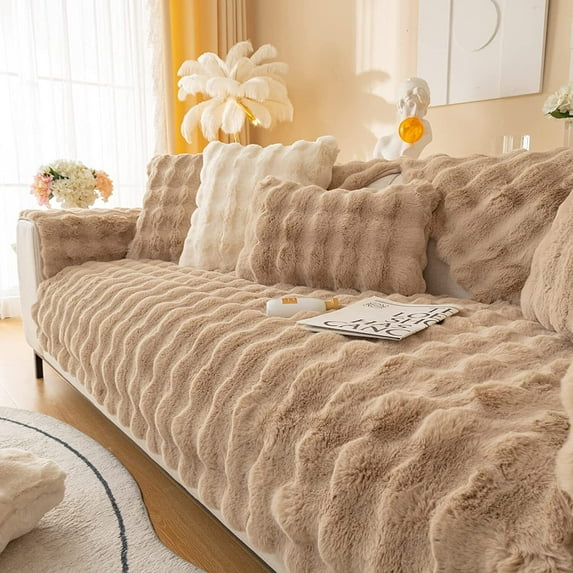Thick Rabbit Plush Sofa Cushion, 2023 New Non-Slip Sofa Cover, Soft Faux Throw Couch Cushion Covers Furniture Protector Mat ( Khaki Pillowcase, 30*50cm )