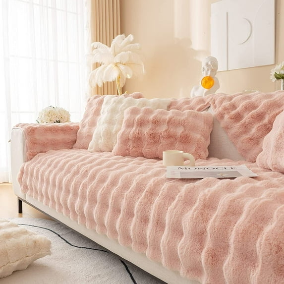 Thick Rabbit Plush Sofa Cushion, 2023 New Non-Slip Sofa Cover, Soft Faux Throw Couch Cushion Covers Furniture Protector Mat ( Pink, 90*120cm )