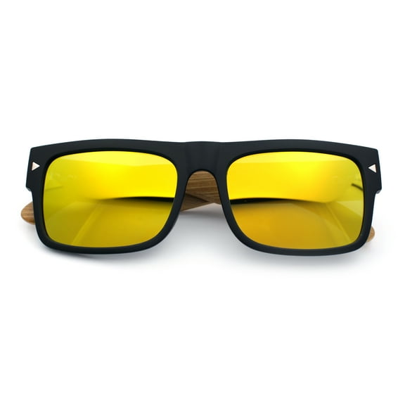 Thick Real Bamboo Wood Arm Square Narrow Rectangle Horn Rim Sunglasses Matte Black - Yellow Mirror