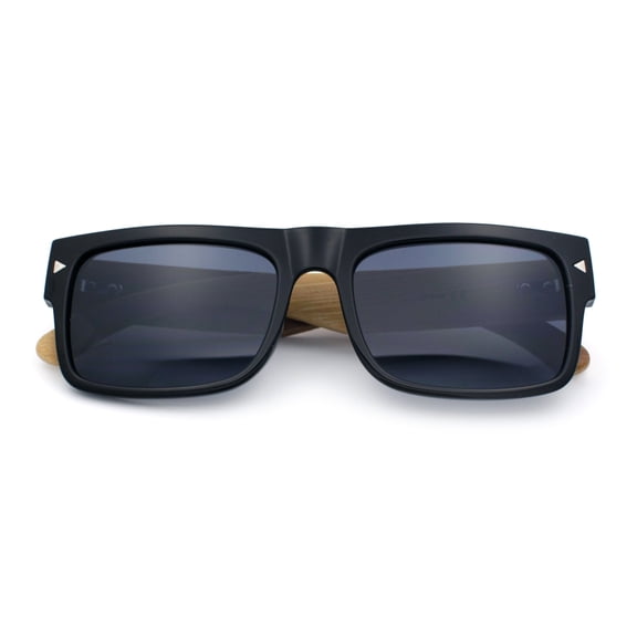 Thick Real Bamboo Wood Arm Square Narrow Rectangle Horn Rim Sunglasses Shiny Black - Black