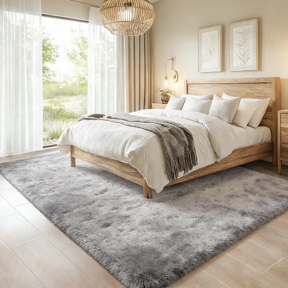 Area Rugs for Living Room Bedroom, 9'x12' Soft Fluffy Shag Indoor Floor Carpet for Living Room Bedroom Dining Room Office Home Decor, Tie-dye light gray