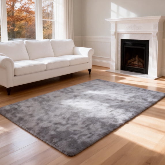 Area Rugs for Living Room Bedroom, 4'x6' Soft Fluffy Shag Indoor Floor Carpet for Living Room Bedroom Dining Room Office Home Decor, Tie-dye light gray