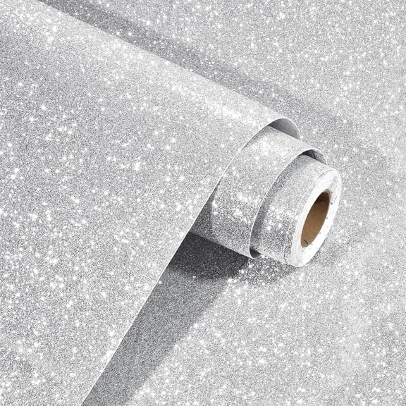 Thick Silver Glitter Wallpaper Stick and Peel 12" x 394" Silver Glitter Vinyl Contact Paper for Cabinets DIY Projects Self Adhesive Decorative Sparkle Fabric Wallpaper Border for Walls Shelf