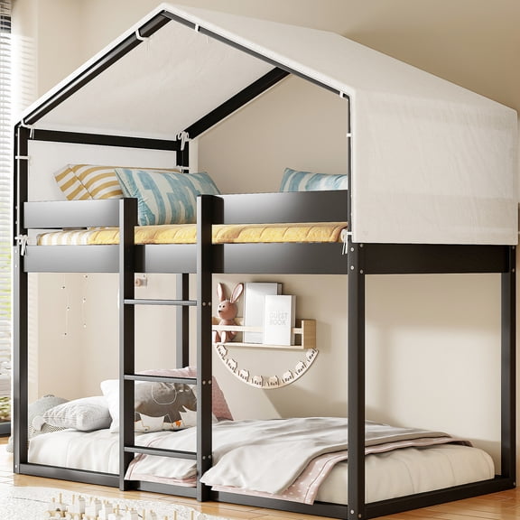 Thick Slats & Good Weight Capacity - Twin Over Twin Wood Bunk Bed with Tent