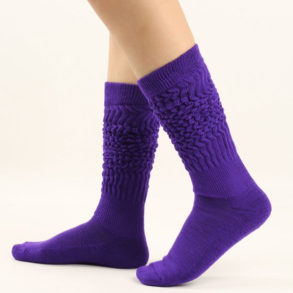 Thick Slouch Socks for Women and Men, Thermal Bubble Leg Warmers, Long Warm Compression Style Socks for Winter Wear, Dark Purple, One Size
