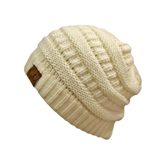 Thick Slouchy Knit Oversized Beanie Cap Hat - Ivory