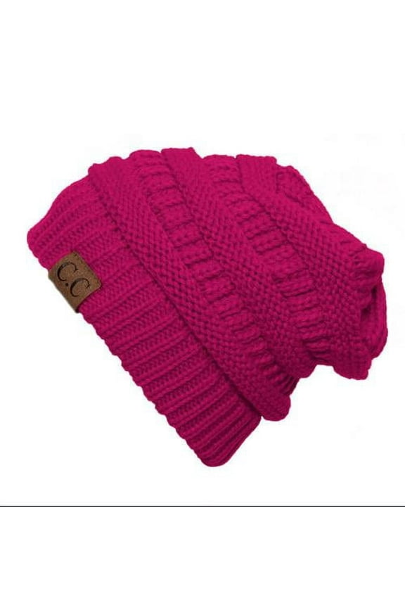 Thick Soft Knit Oversized Beanie Cap Hat, Hot Pink