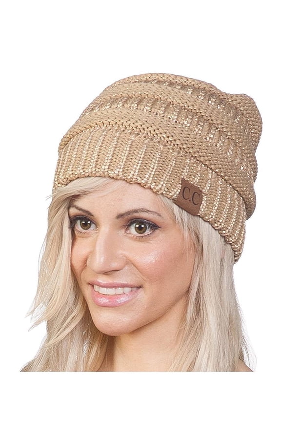 Thick Soft Knit Oversized Beanie Cap Hat - Metallic Gold