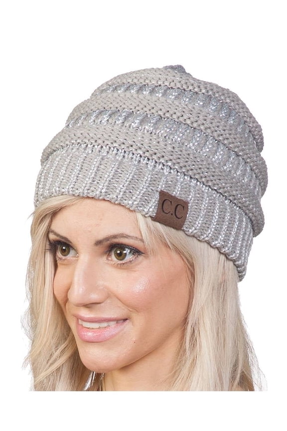 Thick Soft Knit Oversized Beanie Cap Hat ,Metallic Silver