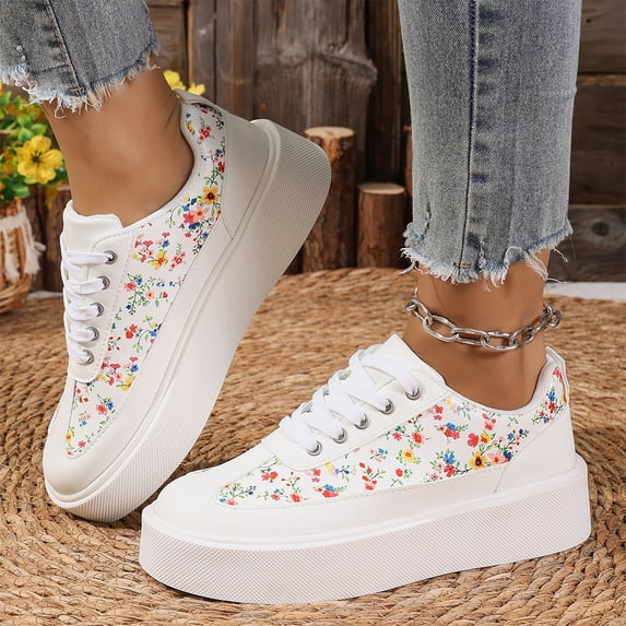 Thick Sole Footwear,Women's Floral Lace Embroidery Platform Sneakers, Breathable Fashion Lace Up Wedge Walking Shoes With Elegant Mesh Pattern Comfortable Cushioned Thick Sole Sport Footwear,White 6