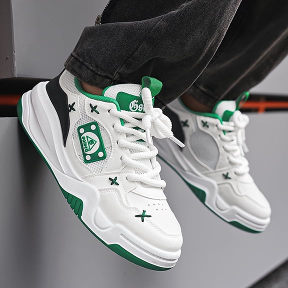 ' Thick-Sole Skate Sneakers - Low-Top Breathable Lace-Up Sneakers Suitable for Skateboarding, School & Casual Attire - Cushioned Rubber Sole, - Teenagers' Casual Shoes