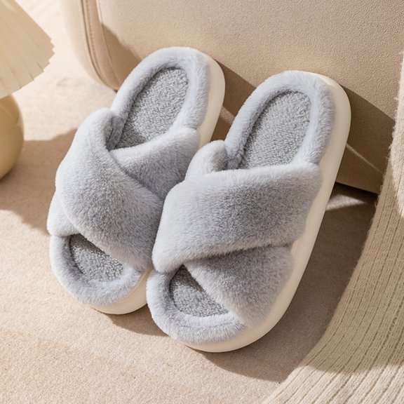 Thick-Soled Cross-Strap Slippers for Women, Suitable for Autumn And Winter, Non-Slip Indoor Footwear, Cozy And Fluffy for Home Use, Open-Toe Winter Slippers., Women Shoes,Blue-5.5-6,36-37