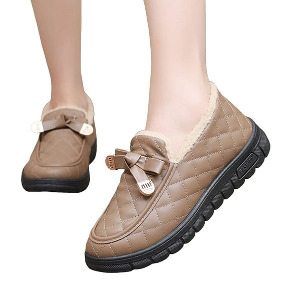 Thick Soled Fleece Lined Loafers for Women Slip On Cute Bowknot Comfortable Non Slip Warm Dress Walking Shoes Brown Size 7