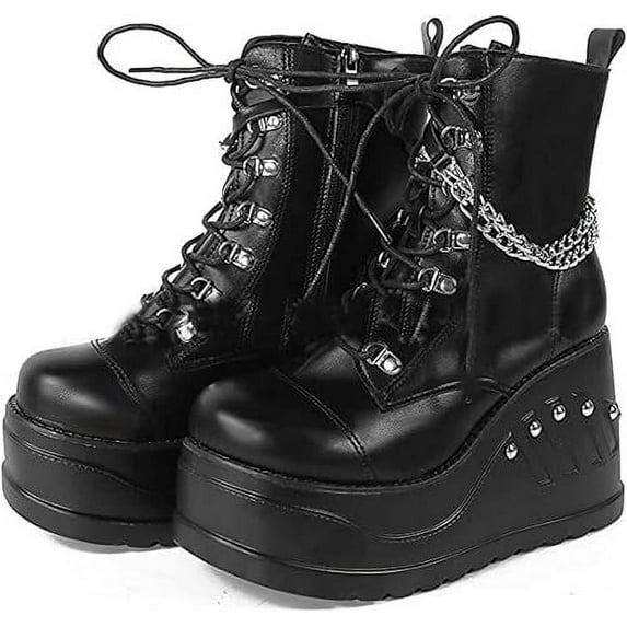 Thick-Soled Mid-Tube Boots Women's Thick-Soled Martin Boots Punk Short Boots Thick-Heeled Height heel10CM/19INCH Motorcycle Chain Knight Boots