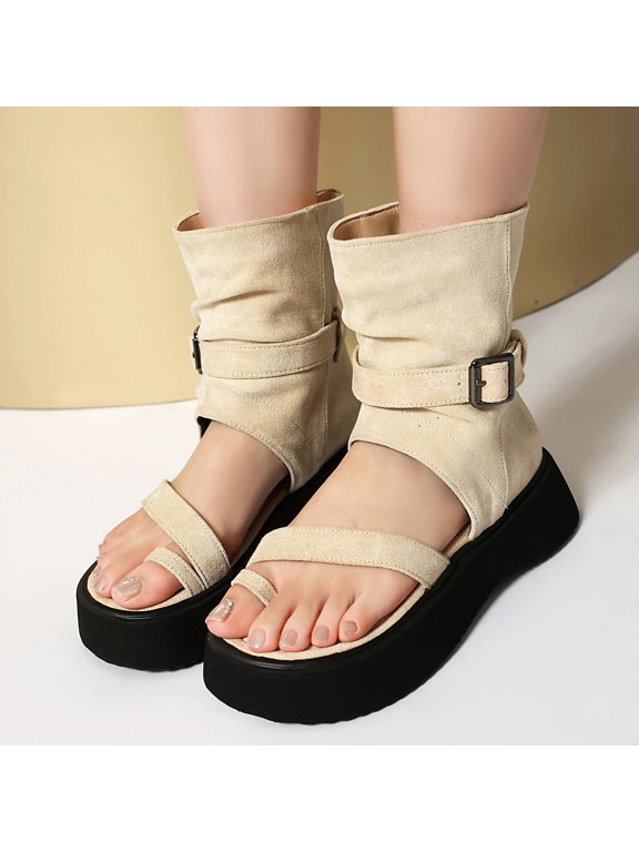 Thick Soled Retro Sponge Bottom Sandals With Toe Covers For Women's Summer Round Toe Midsole Cool Boots