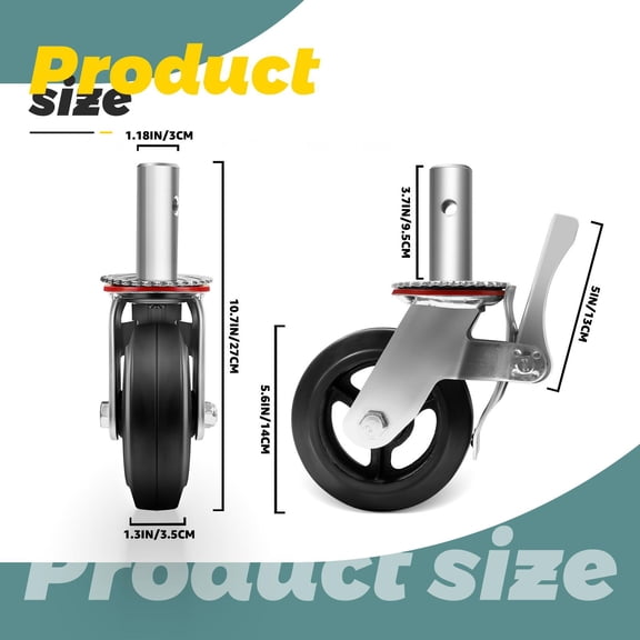 Thick Steel Swivel Caster, 3.7In Round Insert Stem, Silent 6 Inch Rubber Scaffold Wheels for Indoor Renovation Frame, Outdoor Builder Tower, Garage Service Stand