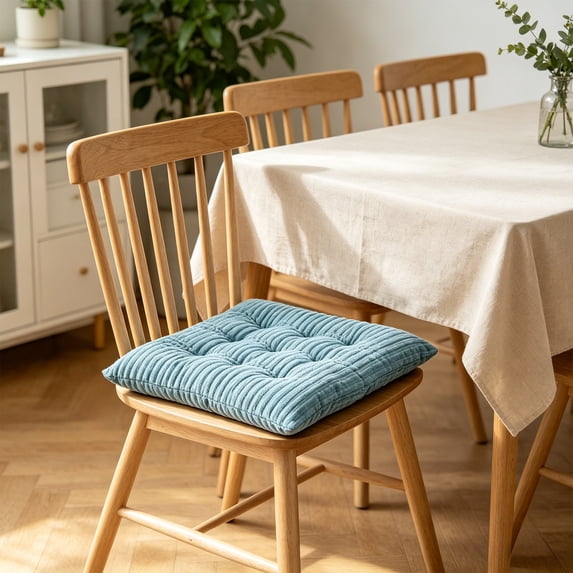 Thick Striped Corduroy Square Seat Cushion with Fixed Ties 38x38cm Office Dining Window Futon Chair Pad,Blue