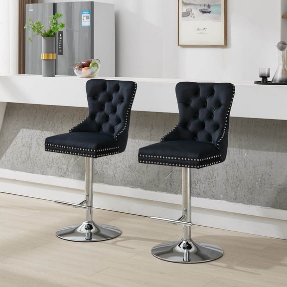 Thick Swivel Velvet Barstools,Adjustable 25-33"Height,Modern Upholstered with17.7" Base,Tufted Buttons&Diamond Pleating,Sponge&Spring Seat,for Home Pub&Kitchen Island(Black, Set of 2)