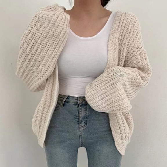 Thick Thick Needle Sweater Women's Autumn And Winter Coat Women's Balloon Sleeve Knitted Cardigan Solid Color Versatile Lazy Style Stin Sweater Loose Knit Cardigan Evening Cardigans for Women Casual
