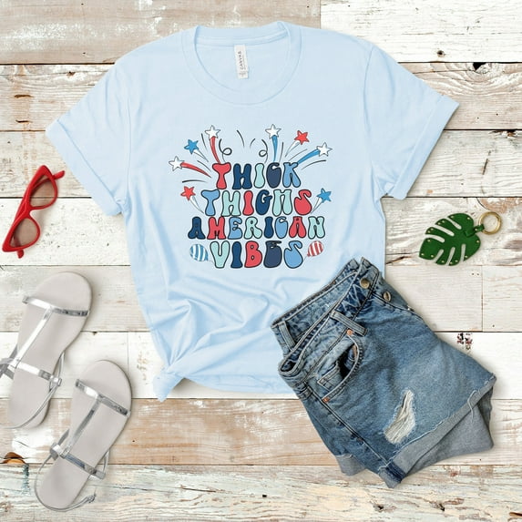 Thick Thighs American Vibes Shirt | 4th of July | Fireworks Tee | American Flag Shirt | Freedom Shirt | Patriotic Shirt | Independence Day (Colors:White; Sizes:3XL;)