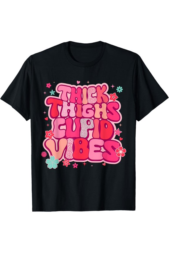 Thick Thighs & Cupid Vibes Valentines Love Cupid Groovy T-Shirt