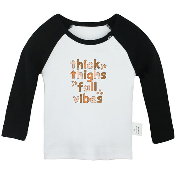 Thick Thighs & Fall Vibes Funny T shirt For Baby, Newborn Babies T-shirts, Infant Tops, 0-24M Kids Graphic Tees Clothing (Long Black Raglan T-shirt, 0-6 Months)