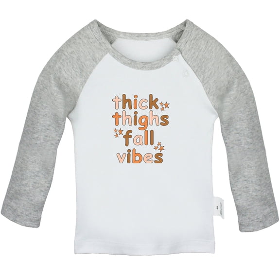 Thick Thighs & Fall Vibes Funny T shirt For Baby, Newborn Babies T-shirts, Infant Tops, 0-24M Kids Graphic Tees Clothing (Long Gray Raglan T-shirt, 6-12 Months)