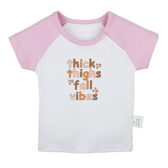 Thick Thighs & Fall Vibes Funny T shirt For Baby, Newborn Babies T-shirts, Infant Tops, 0-24M Kids Graphic Tees Clothing (Short Pink Raglan T-shirt, 18-24 Months)