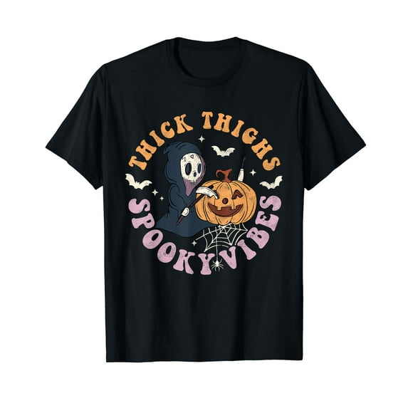 Thick Thighs Spooky Vibes Death Pumpkin Retro Halloween Black T-Shirt