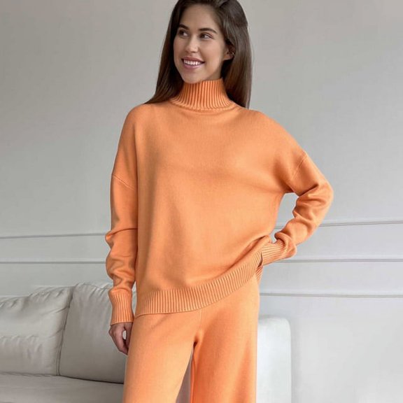 Thick Turtleneck Knitted Sweater Women Set 2022 Autumn Winter Casual Wide Leg Pants Female Suit Solid Pullover Tops Lady Suits