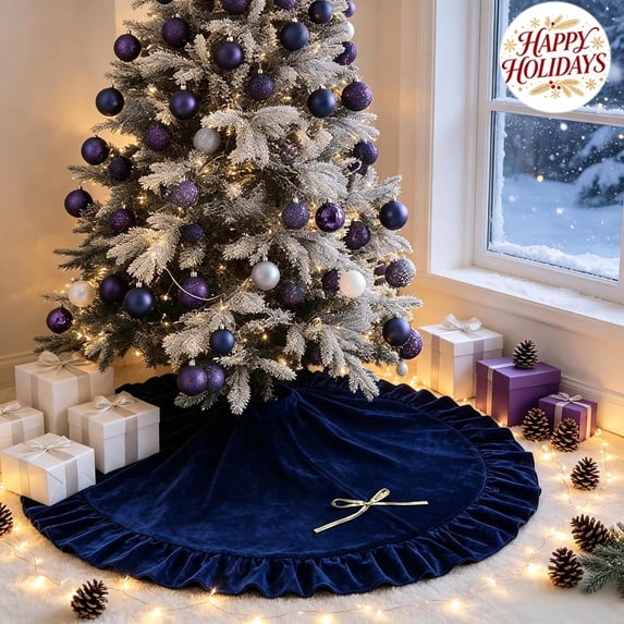 Thick Velvet Christmas Tree Skirt Dark Blue 35.43x35.43IN - Christmas Decorations, Decor, Holiday, Xmas, Festive, Seasonal, Home, Indoor, Outdoor, Party Supplies, Gifts, Ornaments