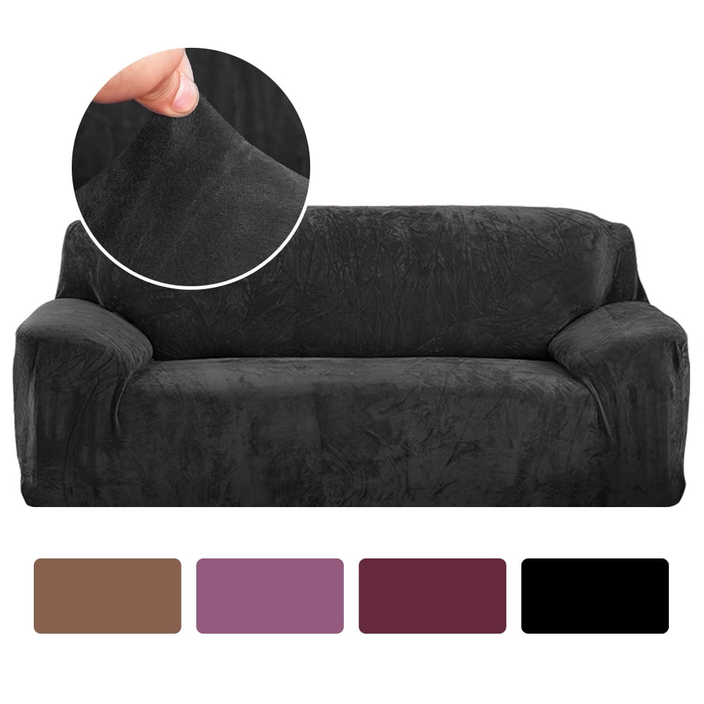 Thick Velvet Sofa Covers 1/2/3/4 Seater Pure Color Sofa Protector Stretch Non Slip Couch Cover Easy Fit Elastic Fabric Stretch Couch Slipcover(Black, 1-Seater Sofa)