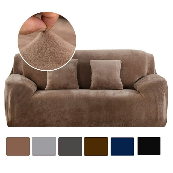 Thick Velvet Sofa Covers 1/2/3/4 Seater Pure Color Sofa Protector Stretch Non Slip Couch Cover Easy Fit Elastic Fabric Stretch Couch Slipcover(Brown, 1-Seater Sofa)