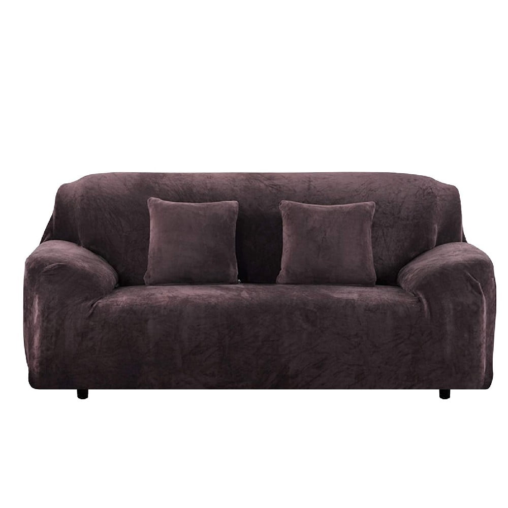 Thick Velvet Sofa Covers 1/2/3/4 Seater Pure Color Sofa Protector Stretch Non Slip Couch Cover Easy Fit Elastic Fabric Stretch Couch Slipcover(Coffee, 1-Seater Sofa)