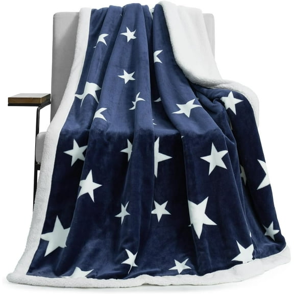 Thick Warm Fleece Star Blanket, Double Sided Patriotic Throw Blanket Fluffy Soft Fuzzy Thick Blanket for Couch, Bed and Gifts(Navy Blue, 50" x 60")