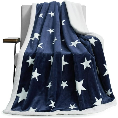 Thick Warm Sherpa Fleece Star Blanket, Double Sided Patriotic Throw Blanket Fluffy Soft Fuzzy Thick Blanket for Couch, Bed and Gifts(Navy Blue, 50" x 60")