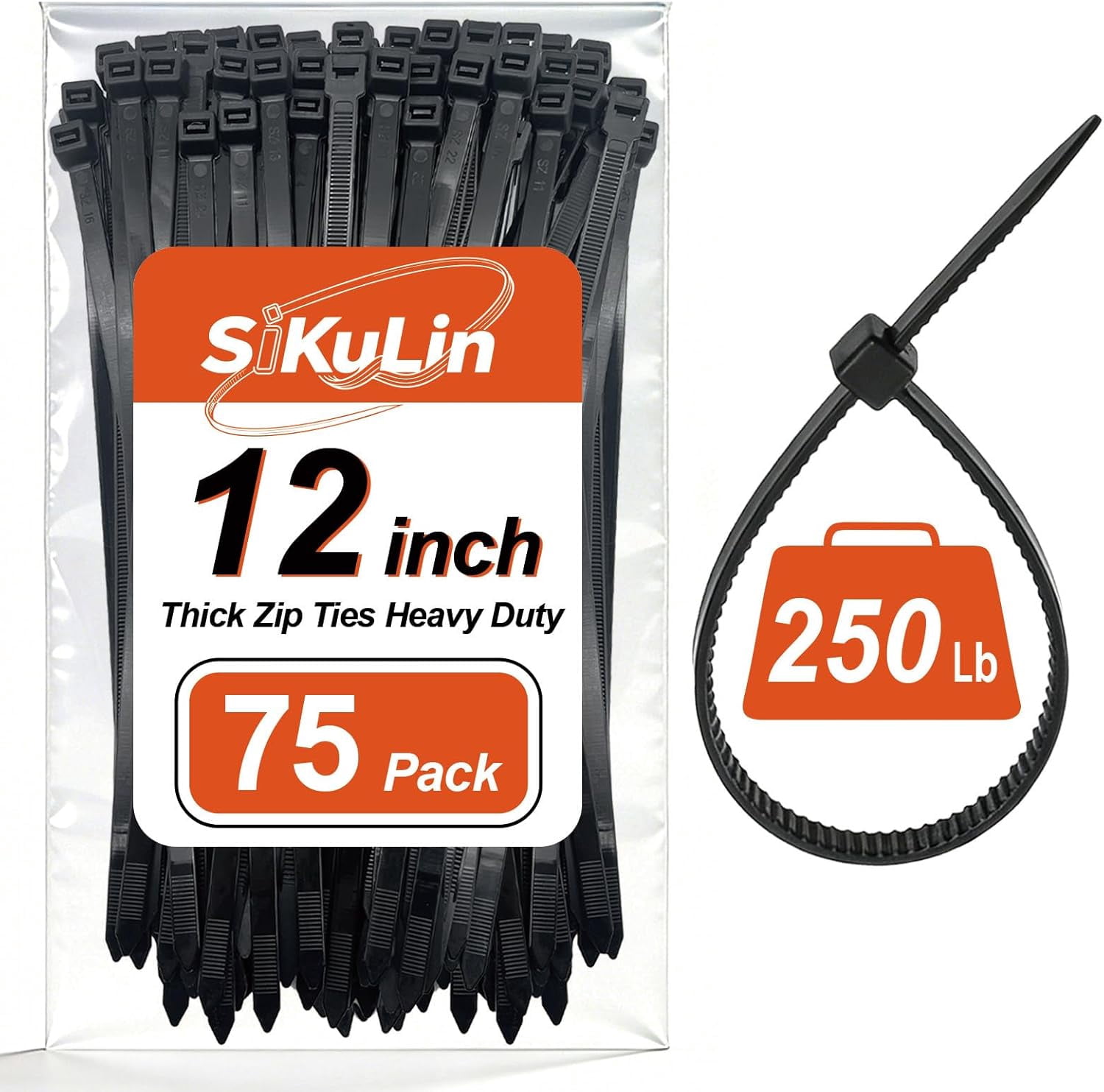 Thick Zip Ties Heavy Duty, 12 inch, Black, 250 lb High Strength, 75 Pack, Heavy Duty Zip Ties for Outdoor Use, Extra Wide & Strong UV Resistant Cable Ties, Wire Ties,