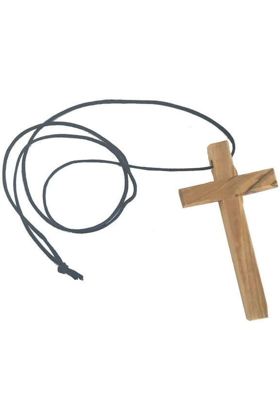 Thick hand carved olive wood simple Cross - necklace - ( 9cm or 3.5 inches ) with Certificate