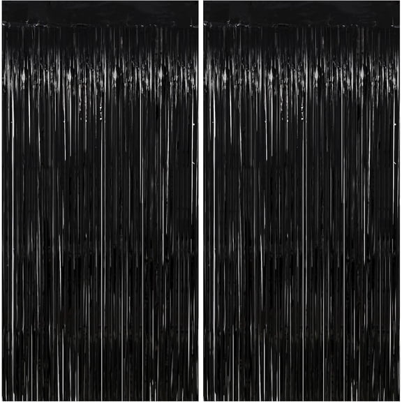 Thicken Black Streamers 2 Pack 3.2 x 8.2 FT, Black Tinsel Backdrop Curtains, Foil Fringe Photo Backdrop for New Years, Halloween, Retirement, Bachelor Party Decorations, Birthday Decorations for Men