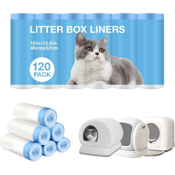 Thicken Litter Bags 120 , litter box liners, Leakproof Poop Bags & Bags - Odor Control and Leakproof Design,6 Rolls Drawstring Trash Bags for Automatic Litte(18x12.6 )