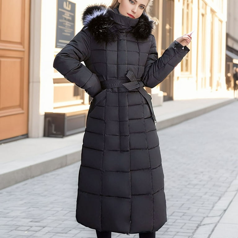 Womens Winter Warm Hooded Down Jacket Long Quilted Fur Collar Puffer Parka  Coats