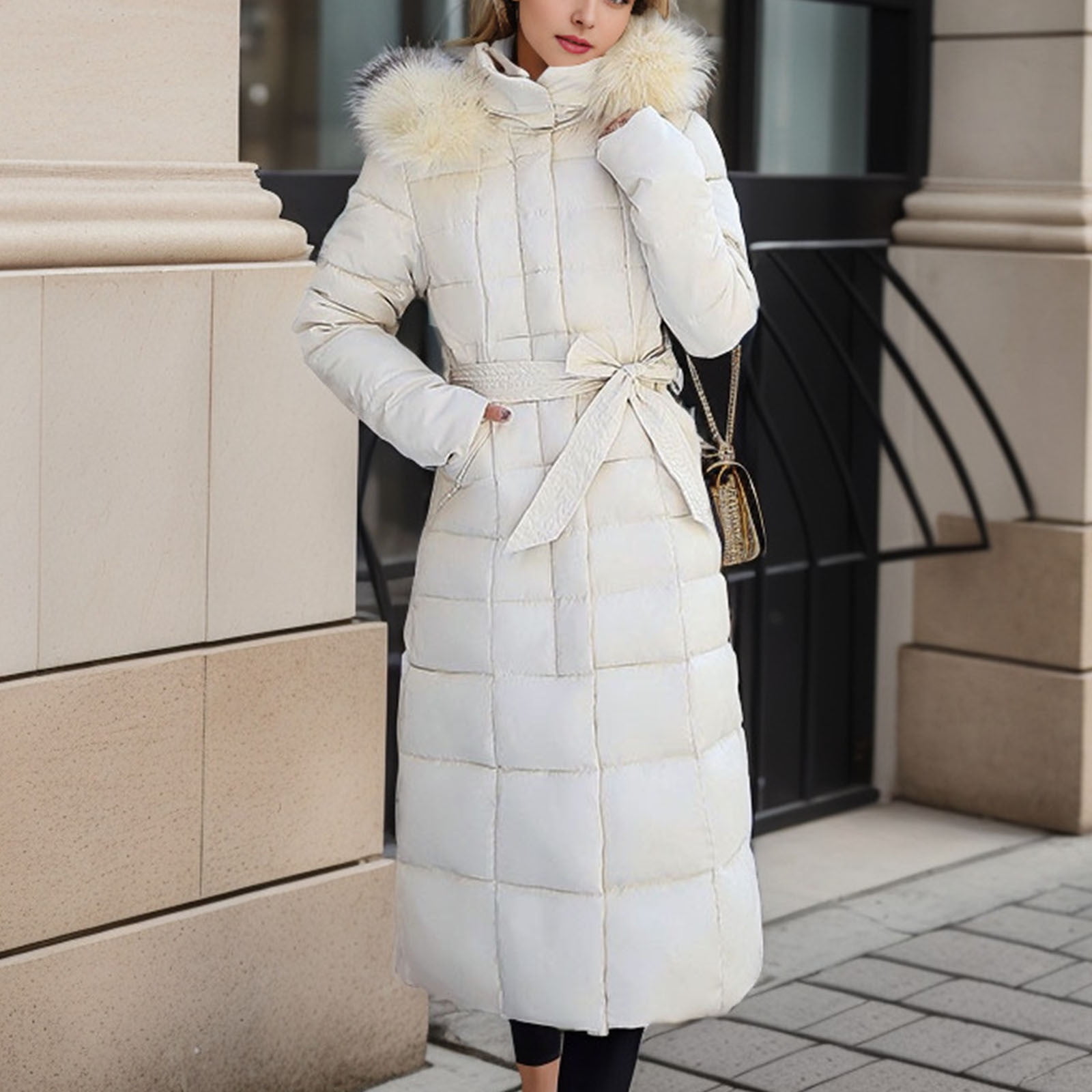 Thicken Long Puffer Jackets for Women with Faux Fur Hood, Belted Winter  Warm Hooded Outdoor Quilted Maxi Overcoat (X-Large, White)